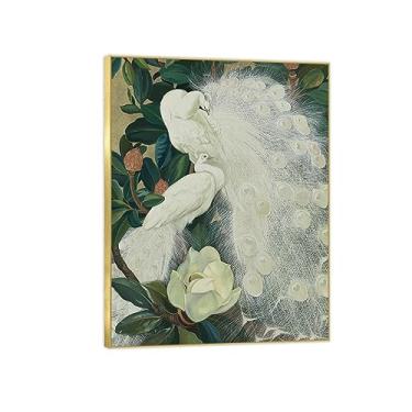 Imagem de Pintura famosa arte de parede - pavões brancos e magnólia - impressão de imagem de animal em tela - pintura de arte para decoração de parede de sala de estar - pôster de reproduções 70 x 90 cm 28 x 35