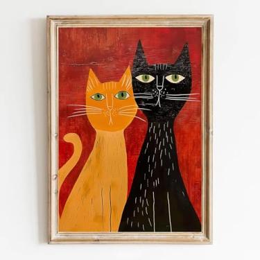 Imagem de Arte de parede de gato estético, pôster de gato preto para parede, estampas de animais coloridas, pôsteres abstratos, retrô, arte de animais, imagens em preto, vermelho e amarelo, para sala de estar