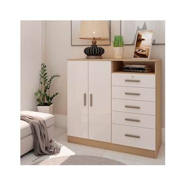 Imagem de Cômoda Genialflex Guatemala com 2 Portas, 5 Gavetas, 2 Prateleiras, 1 Nicho e 112cm de largura - Freijó/White Laca