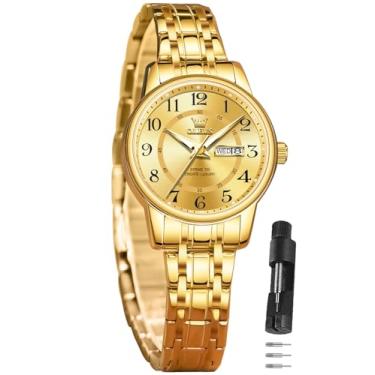 Imagem de OLEVS Relógio feminino de dois tons com vestido de data, relógios femininos para pulsos pequenos, luxuosos, relógios de leitura fácil para mulheres, à prova d'água, azul/preto/dourado/prata, relógio