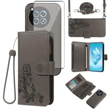 Imagem de Asuwish Capa de telefone para OnePlus 12R 5G/Ace 3 2024 carteira magnética destacável com protetor de tela de vidro temperado alça transversal flor porta-cartão slot 12 R R12 Ace3 feminino cinza