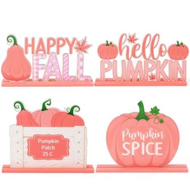 Imagem de CPicdn 4Pcs Fall Pink Pumpkin Wood Tiered Tray Centerpieces, Autumn Farmhouse Wood Sign Table Topper Decoration, Thanksgiving Harvest Home Decor for Desk Shelf Mantel Fall Party Supplies for Pink Girl
