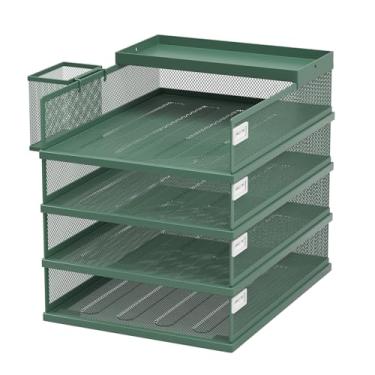 Imagem de FANXIYQ Bandejas empilháveis de cartas, bandeja de papel de metal de 4 camadas e organizador de mesa, bandejas de arquivo empilháveis para escritório e casa, bandeja de documentos multifuncional com