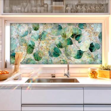 Imagem de HOMETITUTE Película de janela arco-íris de 100 x 43 cm, estampa de folha de eucalipto, película decorativa de vidro de flor estática para decoração de privacidade de casa para porta de vidro e quartos