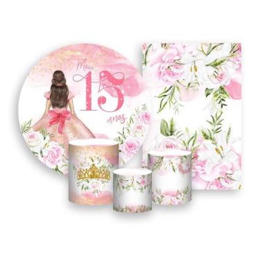 Imagem de Kit 2 Painéis De Festa + Trio De Capas Cilindro - 15 Anos Princesa Ros