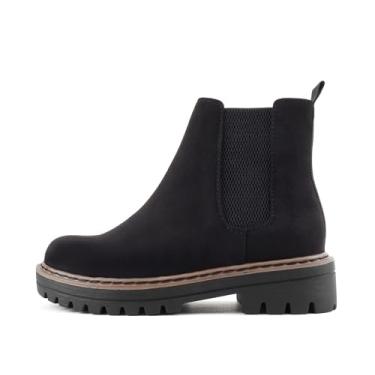 Imagem de Soda Pilot ~ Bota feminina de salto baixo Chelsea com elástico duplo, Imitação preta de camurça/bronze, 39