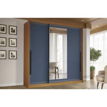 Imagem de Guarda Roupa 3 Portas De Correr (1 C/ Espelho) E 4 Gavetas Valência Freijo/azul - Politorno