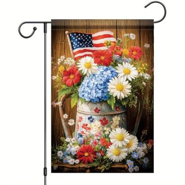 Imagem de Starlit Patio Bandeira de jardim patriótica rústica vintage regador bandeira americana 30,5 x 45,7 cm flores decoração de jardim ao ar livre para 4 de julho primavera verão decoração de casa de