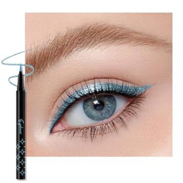 Imagem de HHLTOH Caneta delineadora líquida azul celeste com glitter metálico – Delineador brilhante à prova d'água de longa duração para mulheres e homens – Maquiagem de olhos com efeito tatuagem para festas