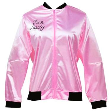 Imagem de Jaqueta feminina de cetim rosa anos 1950, fantasia de Halloween, cosplay, jaqueta rosa com cachecol no pescoço, Pink Lady, 3G