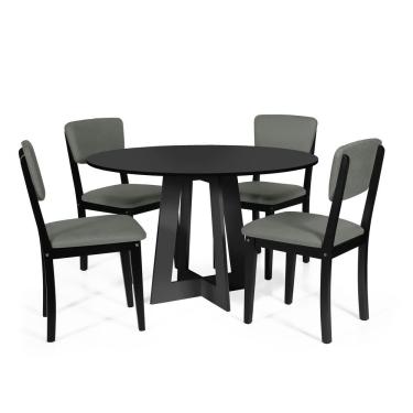 Imagem de Mesa De Jantar Redonda Montreal Preta Com 4 Cadeiras Estofadas Ella Preto/cinza