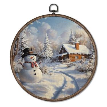 Imagem de Giosve Pôster emoldurado em tela redonda de boneco de neve de casa de fazenda de inverno, árvore de Natal rústica de inverno, boneco de neve, esculturas de parede penduradas para decoração de casa