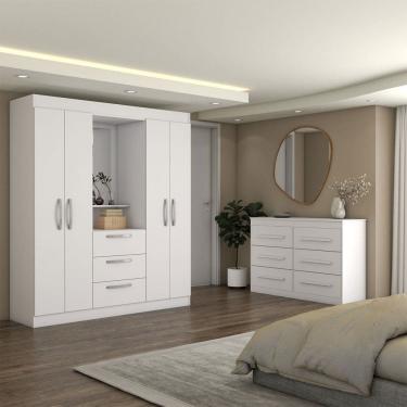 Imagem de Guarda-Roupa Solteiro Europa 4 Portas 3 Gavetas e Cômoda 6 Gavetas Branco - Panorama Moveis