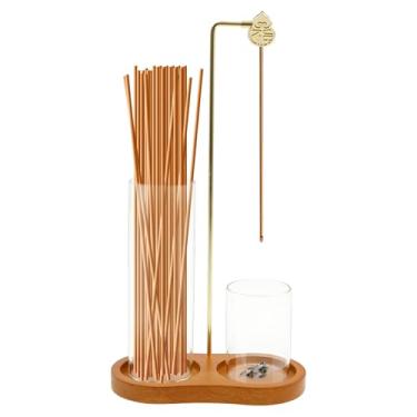 Imagem de Suporte de incenso 2 em 1 para palitos, suporte de incenso de madeira com apanhador de cinzas de vidro, queimadura de incenso voador anticinzas com clipe de cabaça para meditação, ioga, spa, quarto