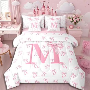 Imagem de Erosebridal Jogo de cama kawaii com laço rosa, 7 peças, com estampa de princesa, romântico, letra M, monograma, para crianças, mulheres, romântico, com estampa de letra M, conjunto de lençol com