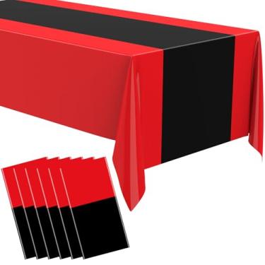 Imagem de Oudain 6 toalhas de mesa descartáveis de plástico 137 x 274 cm para mesas retangulares à prova d'água para decoração de festa de formatura, chá de bebê, casamento, aniversário (vermelho, preto)