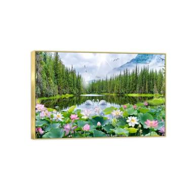 Imagem de Impressão em tela de paisagem - arte de parede natural imagem moderna - árvore lago lótus - pôster moldura dourada para banheiro decoração de casa 40 x 60 cm 16 x 24 pol