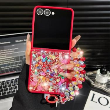 Imagem de Capa para Galaxy Z Flip6 de luxo com glitter, desenho animado, borboleta, cristal, pedra, pulseira brilhante (para Galaxy Z Flip6/vermelho)