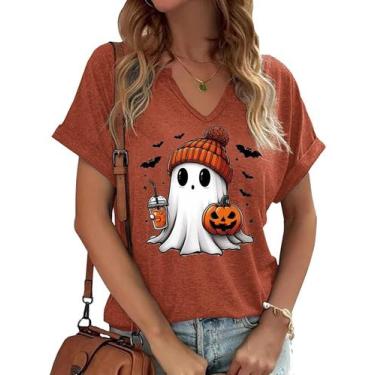 Imagem de Camiseta feminina Halloween Ghost com decote em V Fall Cute Ghost Pump