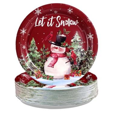 Imagem de Greencian 50 peças de pratos de papel de Natal descartáveis de 22 cm para decoração de festa de inverno vermelho cardeal e árvore sobremesa pratos para inverno, Natal, feriado, festa de aniversário