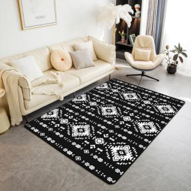 Imagem de jejeloiu Southwestern Tapete geométrico de poliéster 3x5 tapetes de sala de estar para quarto decoração tribal tapete geométrico para interior preto branco macio antiderrapante
