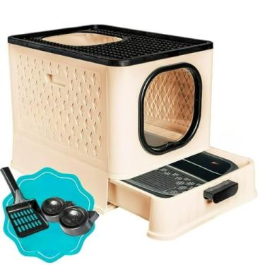 Imagem de Caixa De Areia Fechada Para Gatos Porta Transparente 02 Comedouros Pá Fácil Limpar Gatos Todos Portes Residencia Caixa De Areia(SB LUXO + PENEIRA - NUDE)