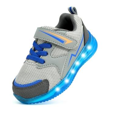 Imagem de AMZZPIK Tênis de caminhada infantil para meninos e meninas com luzes de LED, malha intermitente, antiderrapante, respirável, com alça para crianças, Tênis cinza para meninos com luzes LED, 9 Toddler
