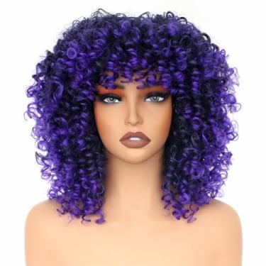 Imagem de PORSMEER Perucas Afro Curly de 35,5 cm, Curtas Soltas e Curtas com Franja para Mulheres Negras, Cabelo Afro Sintético dos Anos 70 (Azul Escuro)