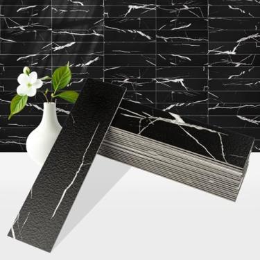 Imagem de OYASIMI 80 peças de azulejo preto Marquina Peel and Stick Backsplash, azulejos de metrô de PVC de 5 x 20 cm, suporte para cozinha/banheiro/lareira