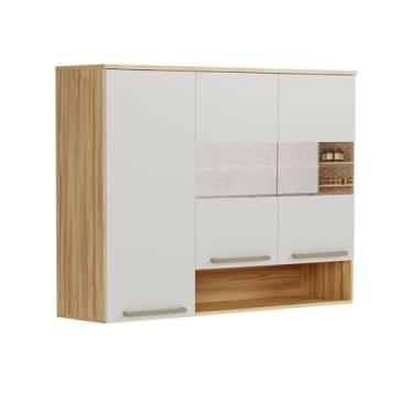 Imagem de Armário Aéreo Cozinha 120cm com 3 Portas e Nicho - Móvel de Parede MDF Espresso/Amêndoa com Vidro Reflecta | Organizador para Cozinha Moderna