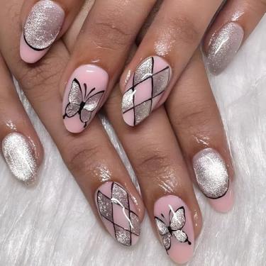 Imagem de Kit Press on Nails Conjunto de unhas postiças de amêndoa média rosa francês com design simples de borboleta cobertura completa cola em bastão falso artificial em unha acrílica para mulheres, 24 peças