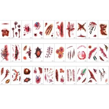 Imagem de 30 folhas de adesivos de terror de Halloween - cicatrizes falsas de sangue de ferimento - adesivos de tatuagem à prova d'água para adereços de maquiagem de horror vampiro zumbi (vermelho)