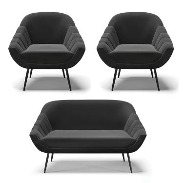 Imagem de Kit 01 Namoradeira 02 Lugares e 02 Poltronas Giovana Suede Preto Pés Palito De Ferro - D'Rossi