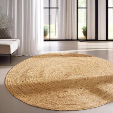 Imagem de Perilla Home Tapete de área de juta natural redondo boho para decoração de casa - Tecido à mão rústico vintage reversível para quarto, cozinha, sala de estar, corredor, sala de jantar, 1,8 m