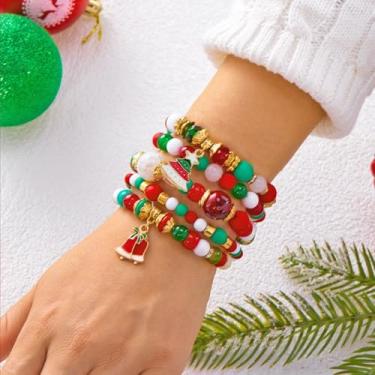 Imagem de Conjunto de pulseiras de Natal boêmio em camadas, pingente de sino de boneco de neve, joia de mão empilhável para mulheres, One Size, Cristal, Sem Pedra Preciosa
