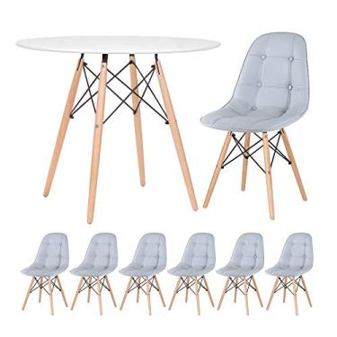 Imagem de Loft7, KIT - Mesa Eames 90 cm branco + 6 cadeiras Eames Botonê Cinza claro