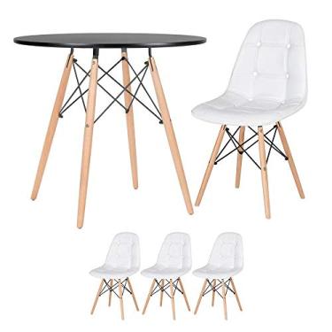 Imagem de Loft7, Kit Mesa redonda Eames 80 cm preto + 3 cadeiras estofadas Eiffel Botonê Branco