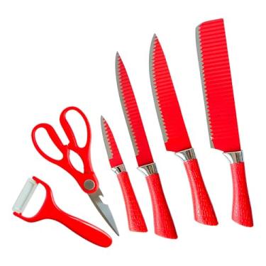 Imagem de Conjunto de Facas Profissionais em Aço Inox, 6 Peças, Vermelho, com Tesoura e Descascador, Cabo Ergonômico ABS, Lâminas de 9cm a 20cm para Cozinha