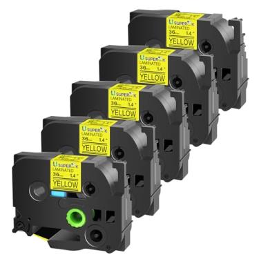 Imagem de USUPERINK Pacote com 5 fitas de etiqueta TZe-661 36 mm compatível com Brother P-Touch TZe TZ Tape 36 mm 3,5 cm amarelo laminado TZe661 TZ-661 preto sobre amarelo 3,5 cm para etiquetadora Ptouch