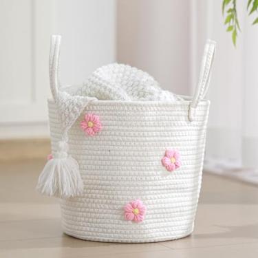 Imagem de Blushtier Cestas de tecido de corda de algodão de 28 cm para organizar com cesta de roupa 3D para berçário de flores redondas para armazenamento de corda pequena organizador de lavanderia decorativo