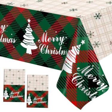 Imagem de Toalha de mesa xadrez Merry Christmas – 2 peças de toalha de mesa xadrez vermelha e verde, 137 x 272 cm de plástico com árvores e flocos de neve para artigos de festa de Natal, jantares e festas