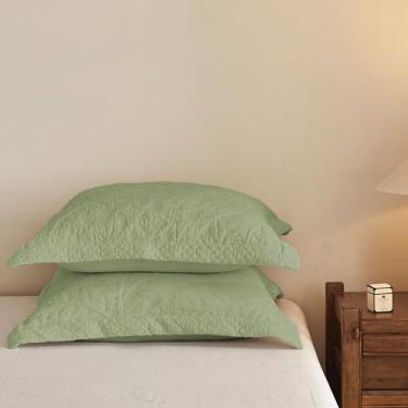 Imagem de MarCielo 2 fronhas acolchoadas de algodão bordadas para casa de fazenda bordadas Euro 66 cm x 66 cm (Euro, verde)