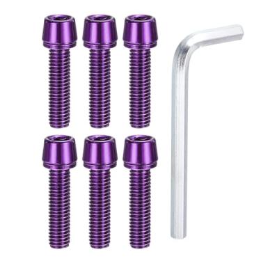 Imagem de PATIKIL Parafusos de haste de bicicleta M5 x 20 mm, 6 parafusos sextavados cônicos com arruelas e chave para haste de bicicleta de estrada BMX MTB, roxo