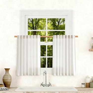 Imagem de Cortinas de linho natural creme, comprimento de 101,6 cm, conjunto com 2 painéis, boho, quinta, sala de estar, cortinas semitransparentes, 101,6 cm de comprimento, cor marfim
