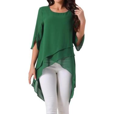 Imagem de Blusa feminina Seta T de chiffon alto-baixo, manga 3/4, verde escuro