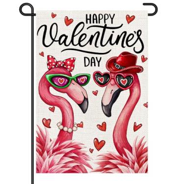 Imagem de Bandeira de jardim flamingo dia dos namorados 30,5 x 45,7 cm dupla face, bonito flamingo rosa, sinalizadores pequenos para varanda, gramado, quintal, decorações ao ar livre DF984