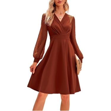 Imagem de Vestido Midi Feminino Vestidos De Coquetel Na Altura Do Joelho Linha A Cintura Alta Manga Longa Convidada Do Casamento, Caramel, XL