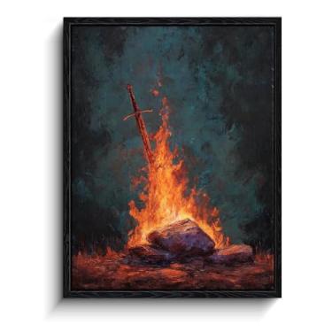 Imagem de Arte de parede de espada medieval, chamas de fogueira, arte de parede de jogos, impressão em tela emoldurada em papel laminado, arte de pôster de fantasia, para presente de gamer de sala de jogos, 30