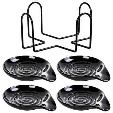 Imagem de Apoios de colher grandes, 4 peças pretas de cerâmica, rack de armazenamento de metal incluído, seguro para fogão, lavável na lava-louças, acabamento brilhante liso