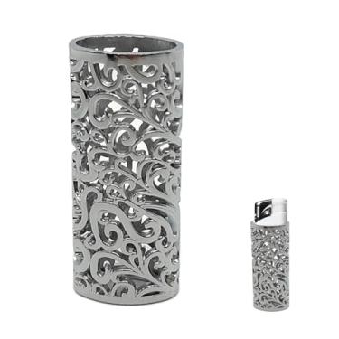 Imagem de KMYZQDV Capa de isqueiro em prata decorativa vintage padrão oco de metal capa durável capas de metal anexo para estilo isqueiro de tamanho completo J6